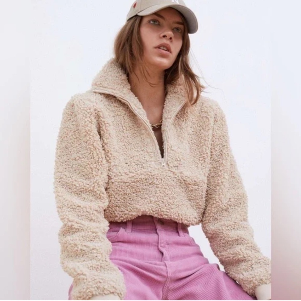 For Love & Lemons Sherpa Teddy faux fur Crop Pullover Jacket Tan 33417